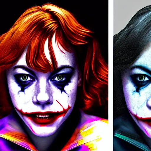 Image similar to Emma Stone playing The Joker smiling maniacally 8k HDR