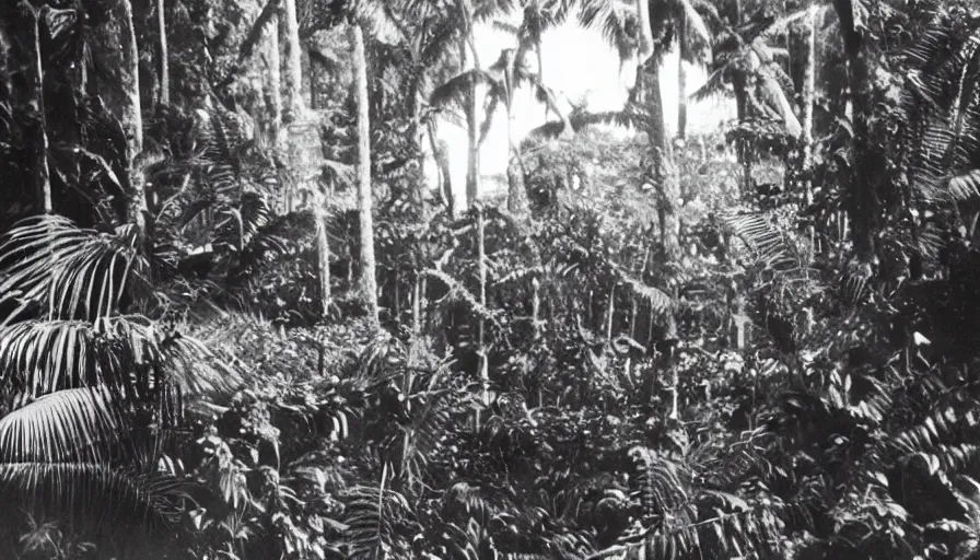 Image similar to lost film footage of a sacred object in the middle of the tropical jungle / film still / cinematic / enhanced / 1 9 2 0 s / black and white / grain