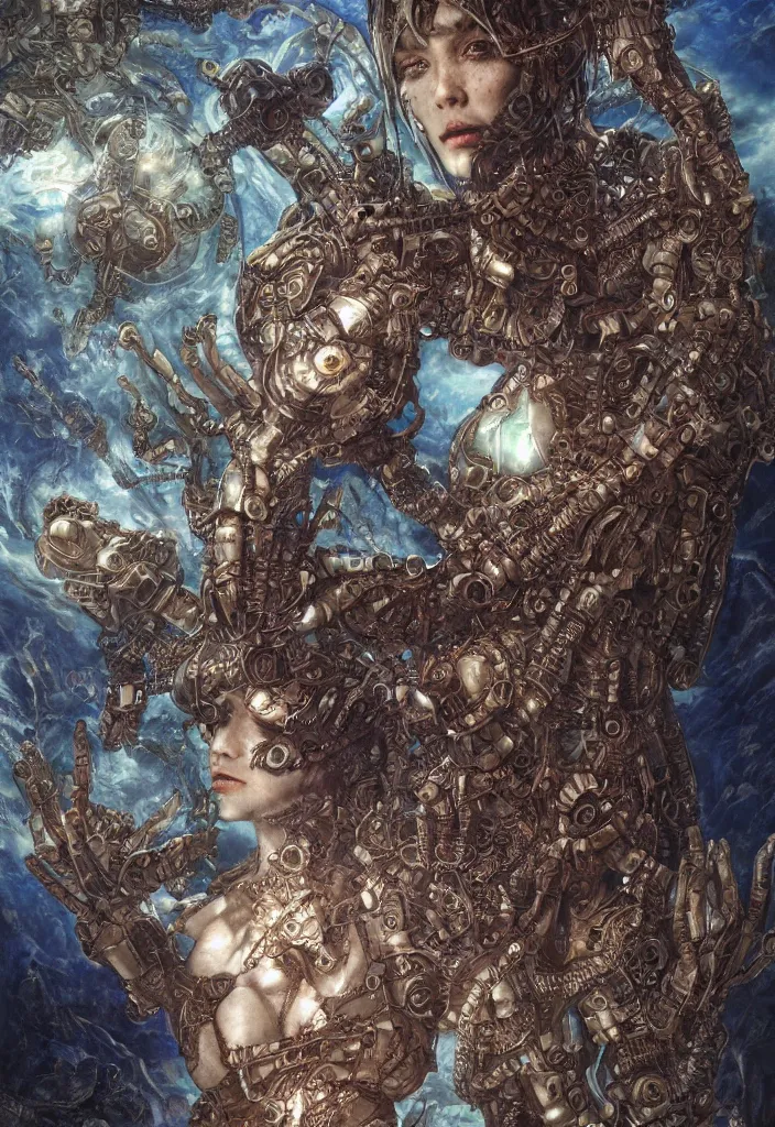 Prompt: closeup symmetry! biblical diabolical bautiful cyborg girl, glowing veins, intricate detailed porcelain armor, ocean on alien planet titan, underwater photography, by gerald brom, by mikhail vrubel, by peter elson, muted colors, extreme detail, trending on artstation, 8 k