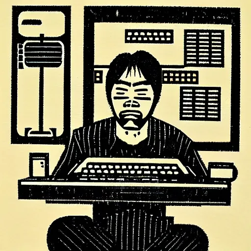 Image similar to portrait of a programmer by makoto yukimura, woodcut