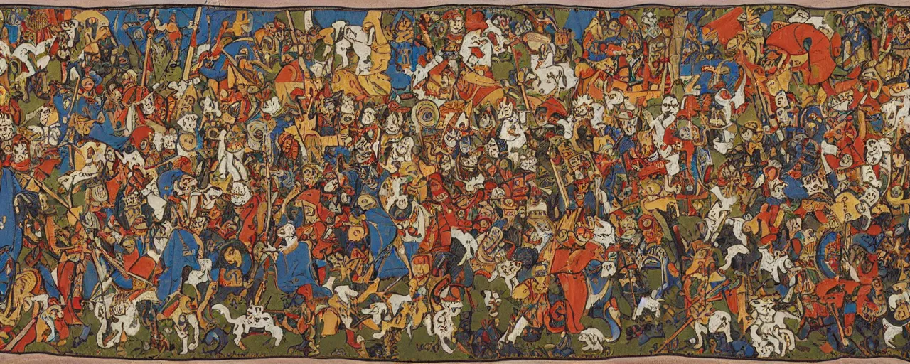 Image similar to the holy crusade of cats wariors, in the style of Middle Age tapestry,