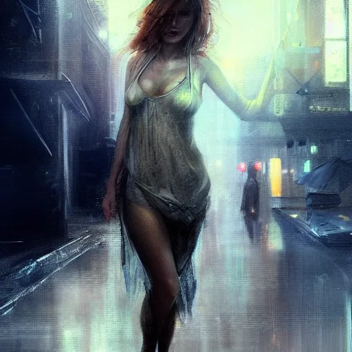 Image similar to bella thorne wearing nightgown, hyperrealistic full figure, bladerunner street alley, art of elysium by frank frazetta and by jeremy mann, fantasy art, photo realistic, dynamic lighting, artstation, full figure poster, volumetric lighting, very detailed face, 4 k, award winning