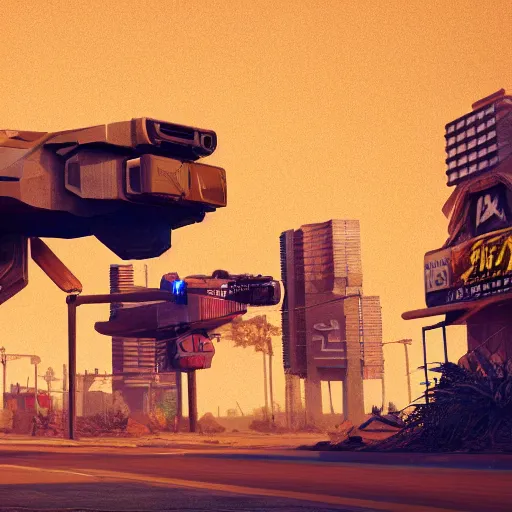 Image similar to octane render of a cyberpunkwild west, angular, beeple, earth tone color scheme, cgsociety