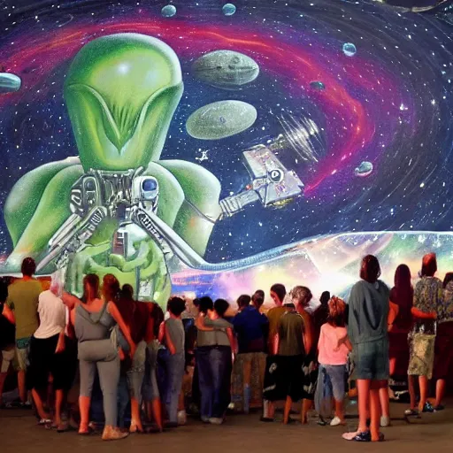 Prompt: aliens standard in an integalactic space port while viewing a large mural about humans