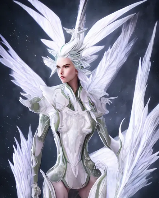 Prompt: attractive white haired preying mantis wearing white dove wings, warframe armor, regal, attractive, ornate, sultry, sexy, beautiful, elize theron, pretty face, green eyes, scifi platform, 4 k, ultra realistic, epic lighting, illuminated, cinematic, black gold, art by akihito tsukushi, voidstar, artgerm