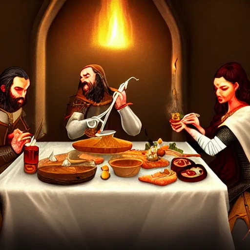 Image similar to medieval feast with drinking, artstation, fantasy