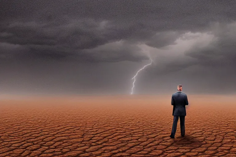 Image similar to a cinematic landscape photograph of a man dressed in a business suit trekking through a desert, dust storm, thunder and lightning, lee madgwick and zack snyder, 8 k, hd, high resolution, 3 5 mm, f / 3 2, tenet