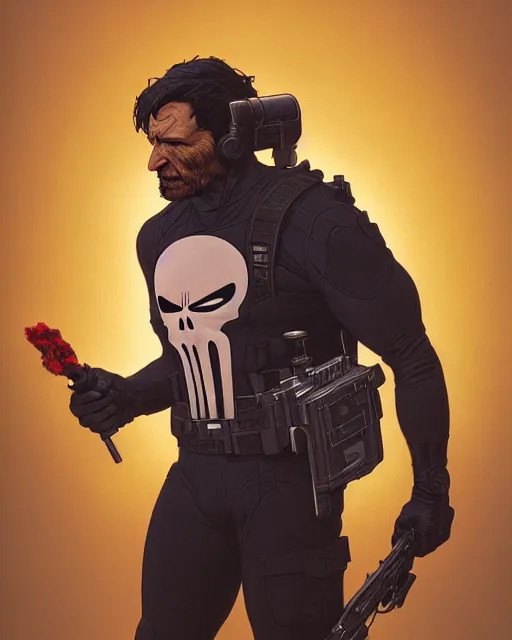 Image similar to highly detailed vfx portrait of the punisher as a teletubby, stephen bliss, unreal engine, greg rutkowski, loish, rhads, beeple, makoto shinkai and lois van baarle, ilya kuvshinov, rossdraws, tom bagshaw, alphonse mucha, global illumination, detailed and intricate environment