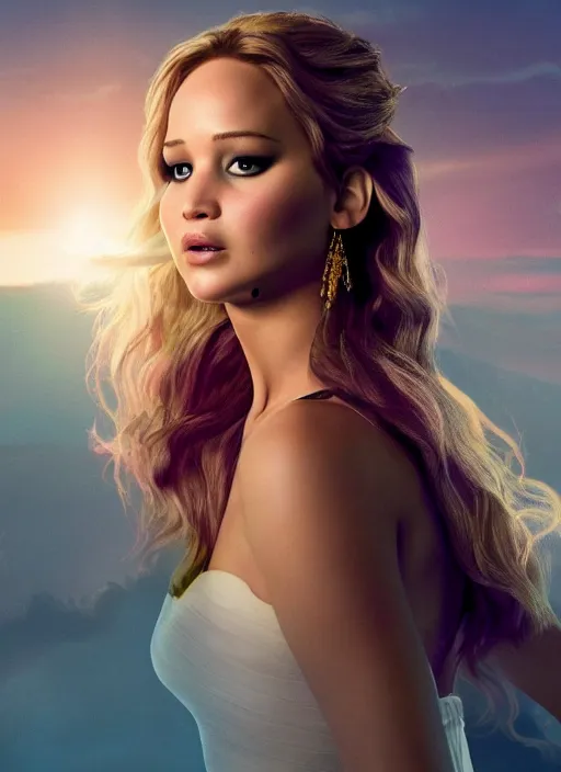 Prompt: Jennifer Lawrence as a Disney Princess, movie Still, 4k, cinematic lighting, golden hour,