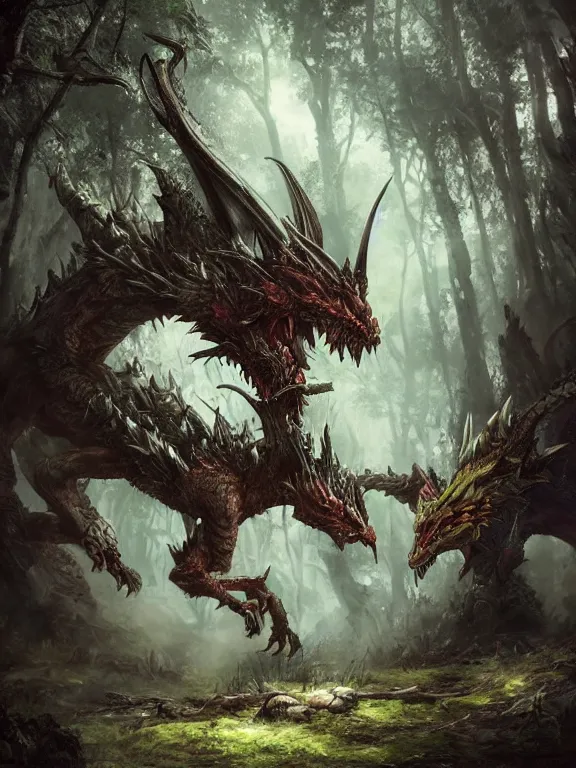 Image similar to final fantasy beast in the woods, dragon, highly detailed, digital art, sharp focus, trending on art station, warhammer fantasy,