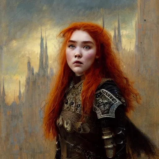 Prompt: young redheaded florence pugh, wearing black ornamented medieval armour, detailed, by gaston bussiere, bayard wu, greg rutkowski, giger, maxim verehin, greg rutkowski, masterpiece, sharp focus,