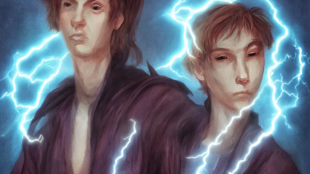 Image similar to portrait of a mage, genderless, lightning, realistic