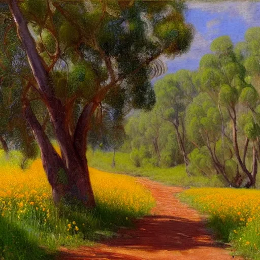 Image similar to a painting of a dirt road surrounded by eucalyptus trees and california golden poppies, woodland hill in the distance. an oil painting by Julian Onderdonk, green orange violet triadic color palette, featured on deviantart, australian tonalism, pre-raphaelite, impressionism, detailed painting