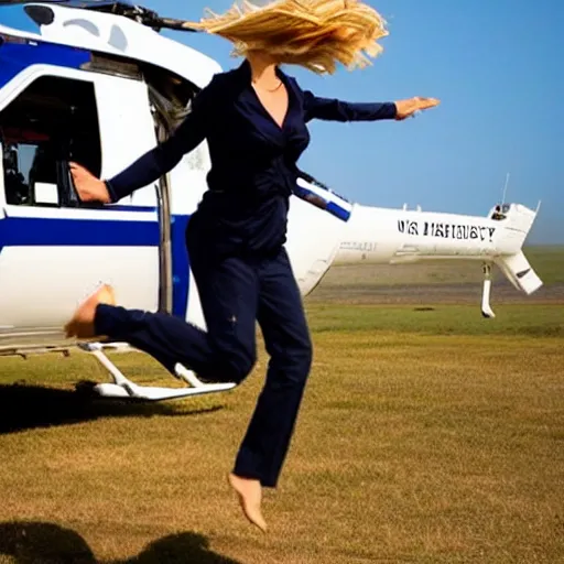 Prompt: blond doctor jumping out of a helicopter, his hair waving in the wind