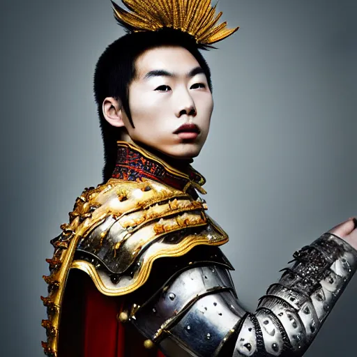 Prompt: a portrait of a beautiful young chinese male wearing an alexander mcqueen armor , photographed by andrew thomas huang, artistic