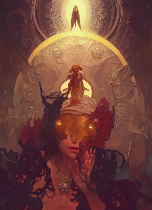 Image similar to a mad god is tearing up the world, medieval, highly detailed, digital painting, artstation, concept art, smooth, sharp focus, illustration, art by artgerm and greg rutkowski, reimagined by alphonse mucha