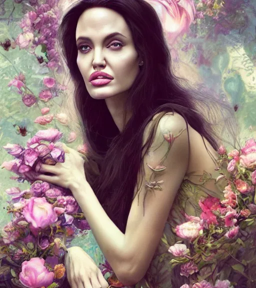 Image similar to portrait of the young angelina jolie of the underworld, surrounded by flowers by karol bak, james jean, tom bagshaw, rococo, trending on artstation, cinematic lighting, hyper realism, octane render, 8 k, hyper detailed.