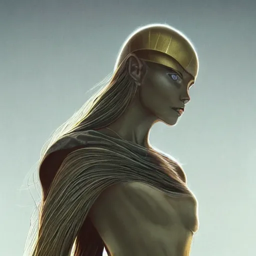 Image similar to ethereal gold and silver tones, dune movie, warrior princess, full body, style of moebius, james jean, mcbess!!!, cinematic, highly detailed, award winning, 8 k photorealistic