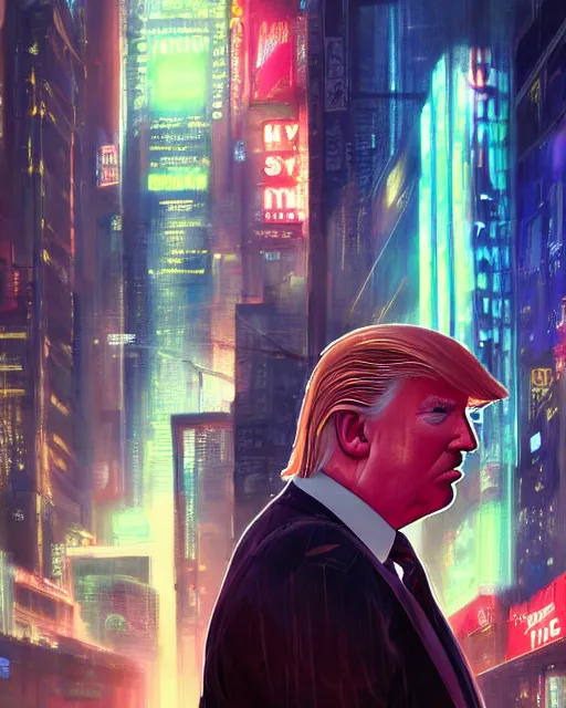 Prompt: donald trump posing in front of the nyse, cyberpunk atmosphere, neon lights, portrait, illustration, rim light, top light, perfectly shaded, spring time, slight overcast lighting, soft painting, art by krenz cushart and wenjun lin