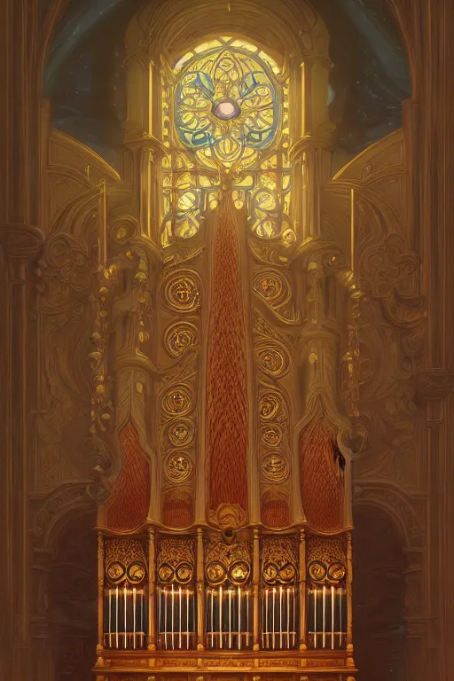 Image similar to painting of a pipe organ in front of a dimensional portal, decorated, intricate, elegant, highly detailed, digital painting, artstation, concept art, smooth, sharp focus, illustration, art by artgerm and greg rutkowski and alphonse mucha, 8 k