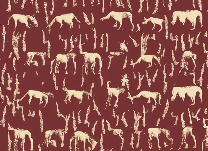 Image similar to painted pattern which figures of ancient hunters mammoths and vw buses siluets, rock cave painting, red ocher, finger painting