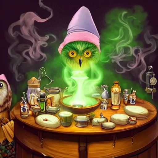 Prompt: teen witch mixing a spell in a cauldron, an owl is standing on the table, wispy smoke, witch hat, cinematic, green glowing smoke is coming out of the cauldron, ingredients on the table, unorganized apothecary shelves in the background