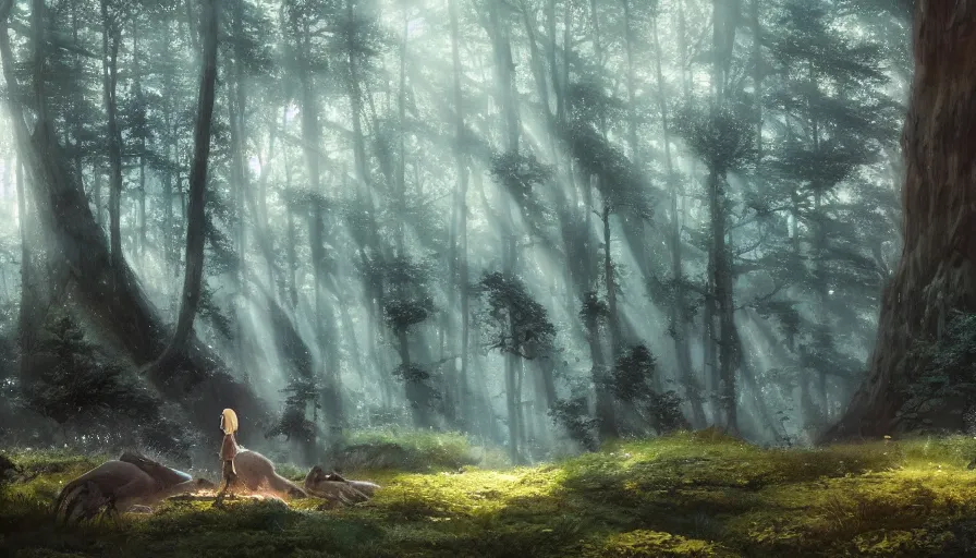 Prompt: beautiful ancient forest, matte painting, beautifully painted, beautiful lighting, enchanted forest, jeremy lipking, studio ghibli, princess mononoke, 8 k, rays of light, amazing detail, princess mononoke background paintings, hayao miyazaki, kazuo oga, enchanted lighting, contrast, rule of thirds