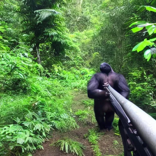 Image similar to pov of a silverback gorilla who needs to teach his confused son about the jungle