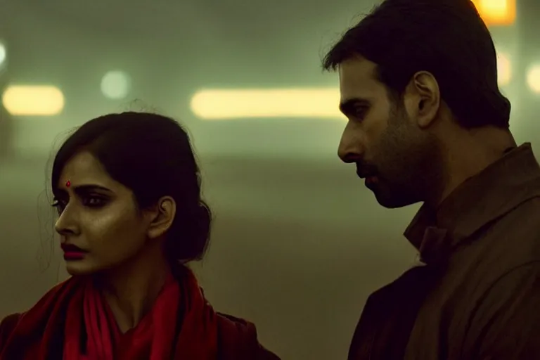 Image similar to film still of closeup beautiful model indian couple in blade runner 2 0 4 9, train station, cinematic, moody, gritty neon noir by emmanuel lubezki