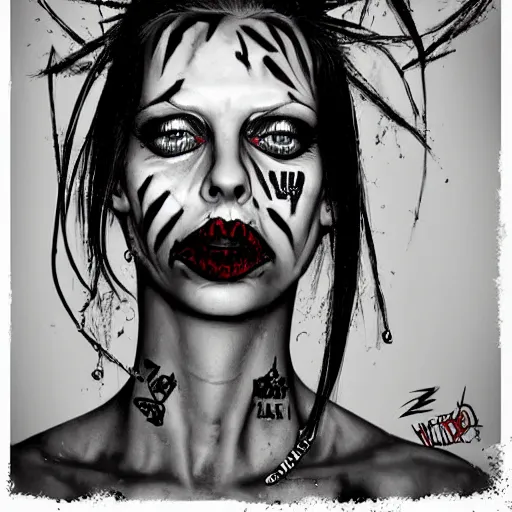 Prompt: die antwoord yolandi portrait, back and white, zef design graffiti in the background, dark lighting, freaky, digital art