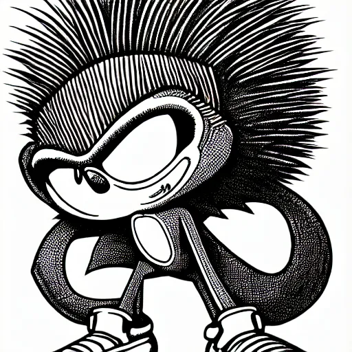 Prompt: low angle shot of Sonic the Hedghehog, ink drawing by Robert Crumb, intricate, elegant, highly detailed, centered, digital painting, artstation, concept art, smooth