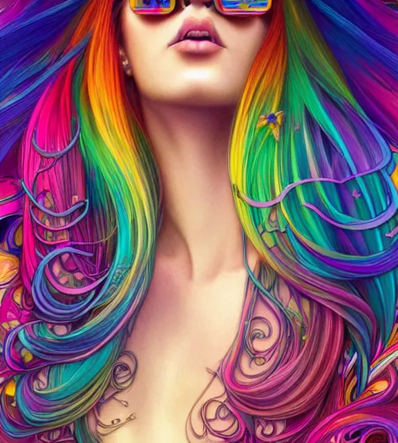 Prompt: close up of a beautiful woman with long rainbow coloured hair wearing a kaleidoscopic psychedelic top and sunglasses, fantasy, intricate, elegant, highly detailed, digital painting, artstation, concept art, smooth, 8 k, sharp focus, illustration, art by artgerm and greg rutkowski and alphonse mucha