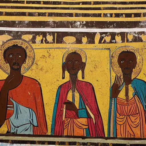 Prompt: ancient Ethiopian church wall painting