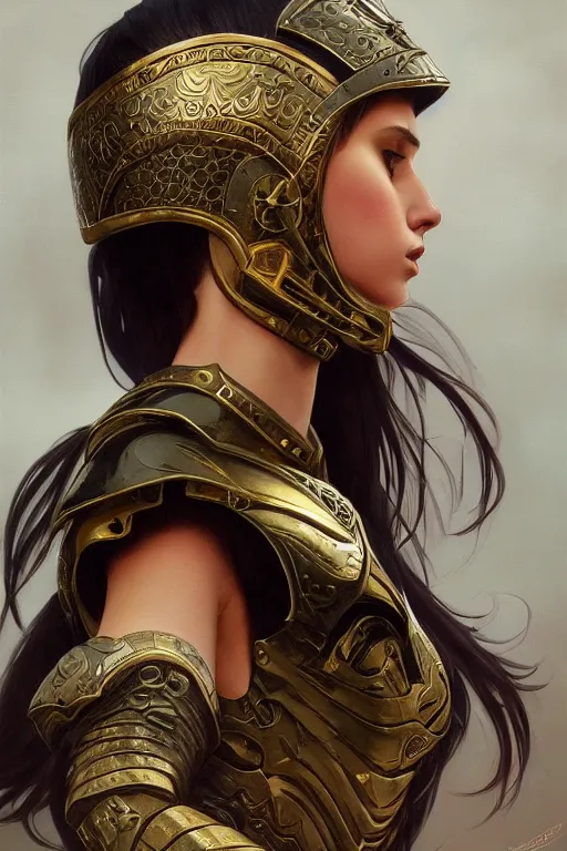 Prompt: attractive young girl, ornate metallic helmet, battle armor, olive skin, long dark hair, beautiful bone structure, elegant, highly detailed, digital painting, trending on Artstation, concept art, smooth, sharp focus, illustration, art by Gerald Brom and James Gurney and alphonse mucha