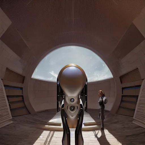 Prompt: detailed face of a synthetic sentient super - intelligent humanoid with eyes warming up, rammed earth courtyard, cool skydome, fresh atmosphere, ambient, rick guidice, syd mead, livia prima, greg rutkowski