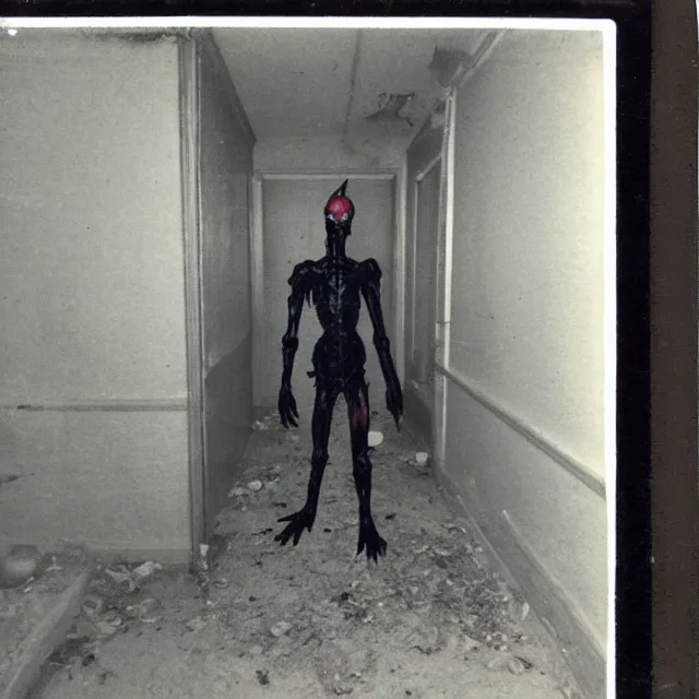 Prompt: found polaroid photo, flash, interior abandoned hospital, wired mutant creature standing