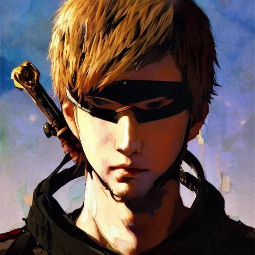 Image similar to portrait of a young white hero using his right arm to hold his sword covering his eye by yoji shinkawa, high quality, extra details, realism, ornate, colored, golden chain, blood, white skin, short hair, brown eyes, vivid, sunlight, headband, eyepatch, white american soldier, painting, cybernetics, military