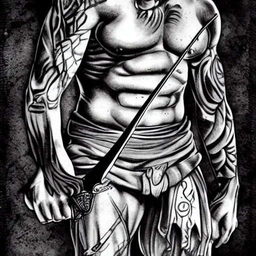 Image similar to muscular bald man, tattooed body, sword in hands, HD, anime style,