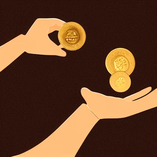 Prompt: Closeup shot of ethereal golden coins floating above an open hand, digital illustration