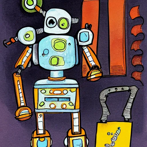 Prompt: a children's book illustration of a broken robot