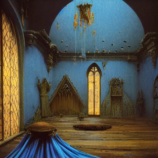 Prompt: detailed painting of interior room with celestial ephemeral ornaments and gothic architecture and blue hammock at far end, artstation, beksinski, cinematic