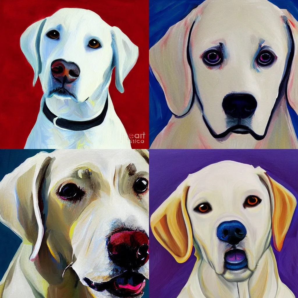 Prompt: white labrador retriever face, excited, painting style by steven townsend