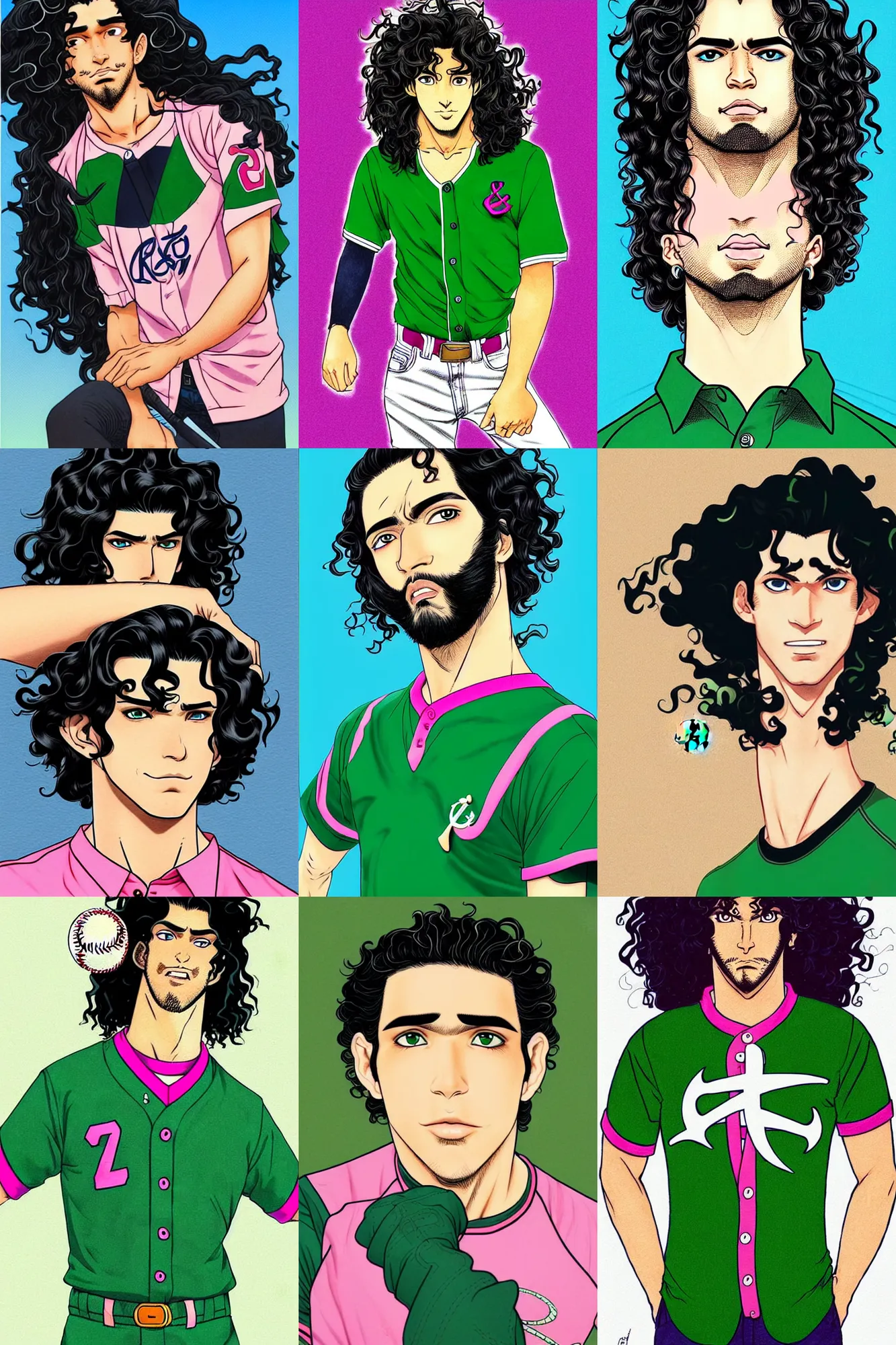 Prompt: illustration of a handsome!! man with long black curly hair, tan skin, green eyes!!!, anchor goatee | wearing unbuttoned, open, black! & blue!! & pink!! baseball jersey | art by hirohiko araki & jean giraud & artgerm & jack kirby