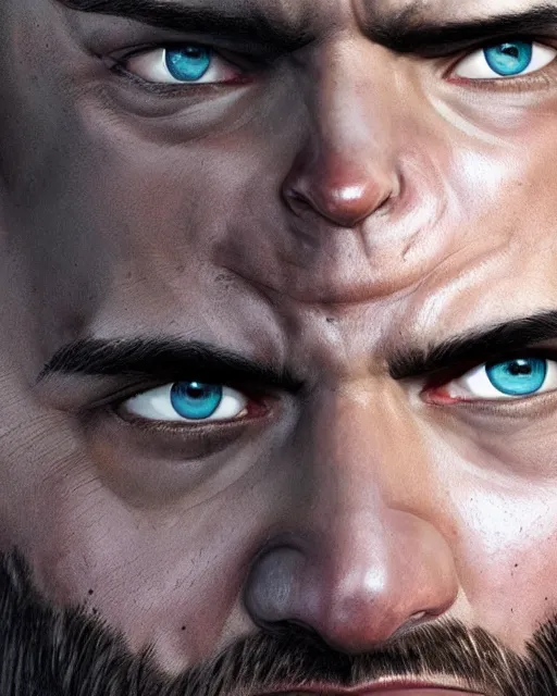 Prompt: portrait of big muscular, tired and fucked up 3 3 - year - old handsome man with short darkblonde hair, sad look and beard, blue eyes, wearing dirty soldier uniform, hyper realistic face, beautiful eyes, character art, art by mark brooks, hyperdetailed, cryengine, trending on artstation, digital art