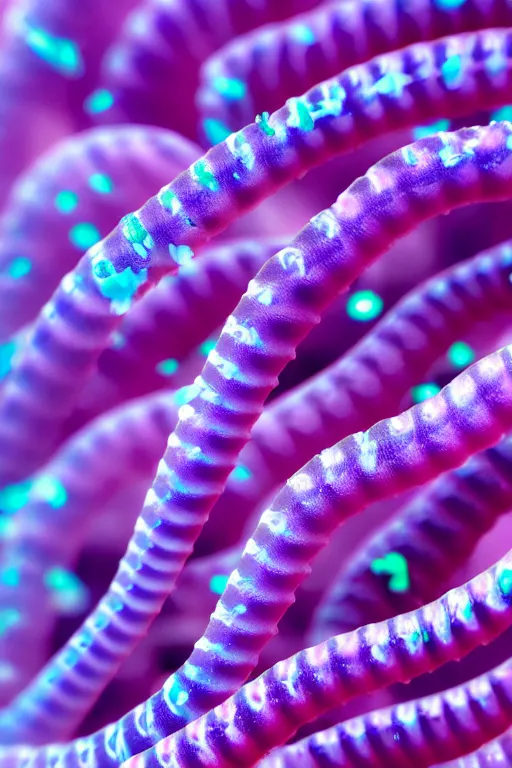 Image similar to high quality close-up photo translucent biomechanic worms! gorgeous purple dots highly detailed hannah yata elson peter cinematic turquoise lighting high quality low angle hd 8k sharp shallow depth of field