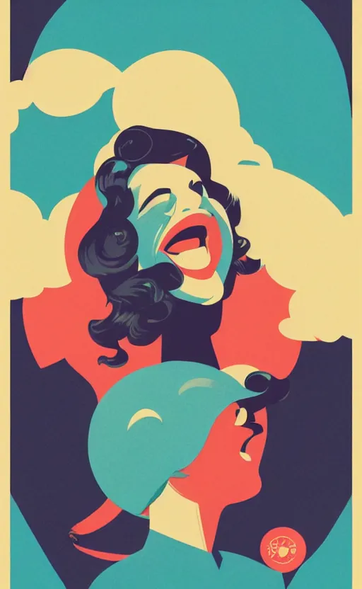 Prompt: illustration with a woman laughing out loud with open mouth, standup, comedy, joke, an art deco painting by tom whalen, trending on behance, art deco, digital illustration, storybook illustration, grainy texture, flat shading, vector art, airbrush, pastel, watercolor, poster