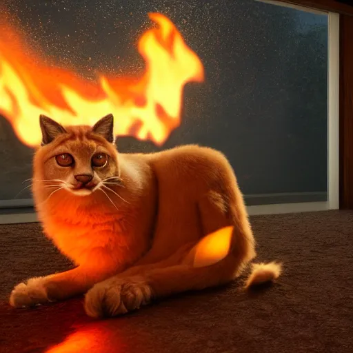 Prompt: wide-angle photo of fluffy caracal sitting on a chair in a room, flames of fire at background, octane render, 3d, 8k, hd, studio light