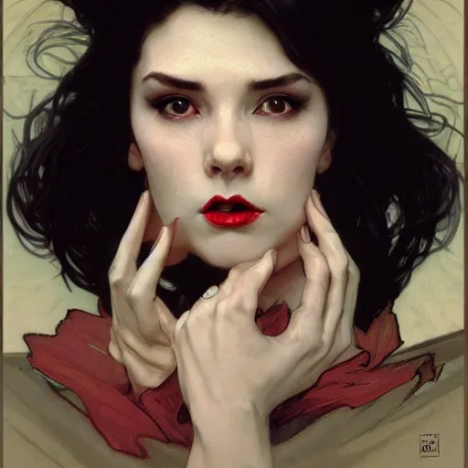 Prompt: portrait of a vampire by Stanley Artgerm Lau , greg rutkowski, thomas kindkade, alphonse mucha, loish, norman rockwell, J. C. Leyendecker. dark black hair, pale skin, detailed eyes, red lips, detailed framing, center focus, no hands. Trending on artstation rule of thirds extremely detailed illustration hd 4k