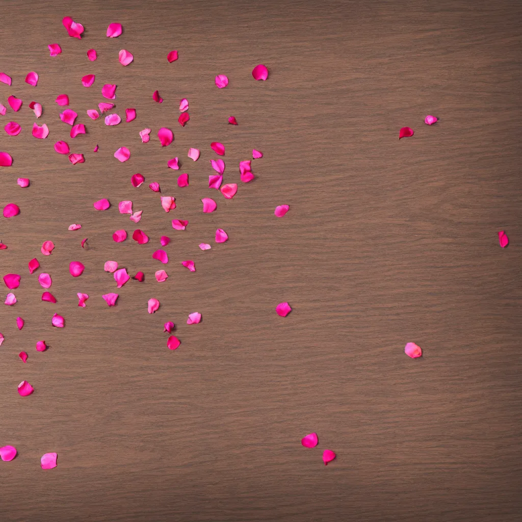 Prompt: top down view with rose petals on top of wooden table, wallpaper, 4k, photorealistic