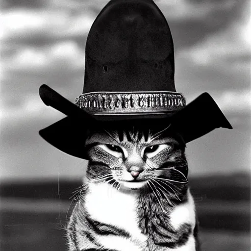 Prompt: Cat wearing a cowboy-hat by Anton Corbijn